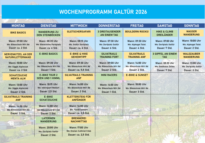 Wochenprogramm Sommer 2026 für Galtür